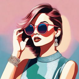 A digital art image of a fashionable woman, striking a pose with a pair of oversized round sunglasses