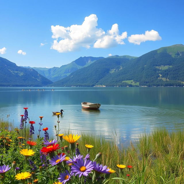 A serene landscape featuring a tranquil lake surrounded by lush green mountains under a clear blue sky