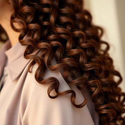 A close-up of a long, thick, and defined strand of brown curly and wavy hair cascading gently over a woman's shoulder