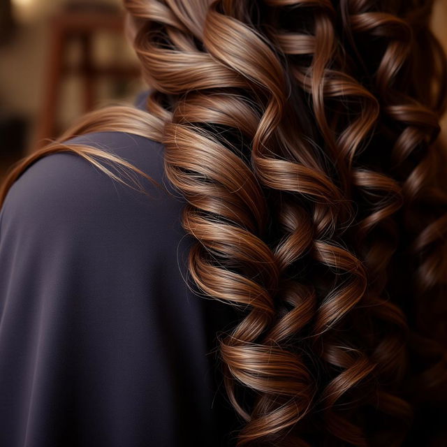 A close-up of a long, thick, and defined strand of brown curly and wavy hair cascading gently over a woman's shoulder