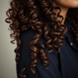 A close-up of a long, thick, and defined strand of brown curly and wavy hair cascading gently over a woman's shoulder