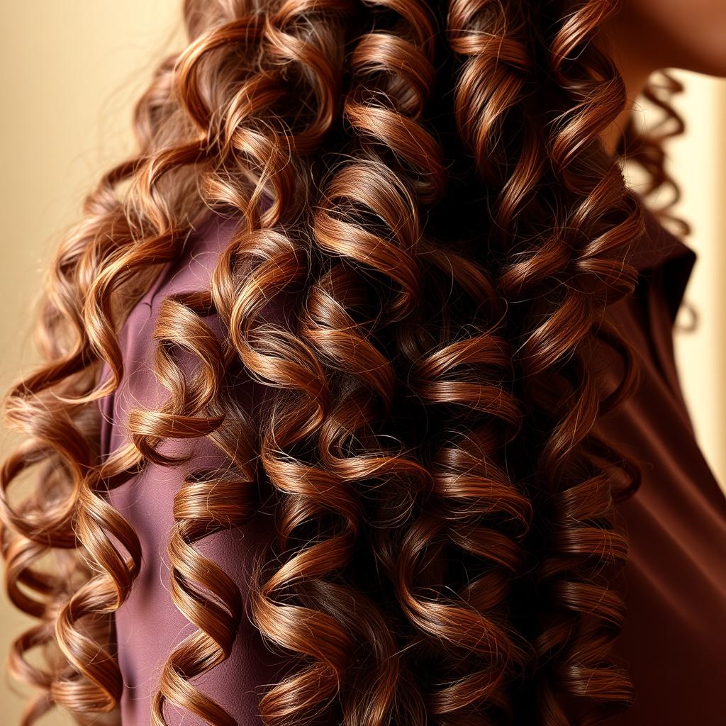 A close-up of a long, thick, and defined strand of brown curly and wavy hair cascading gently over a woman's shoulder