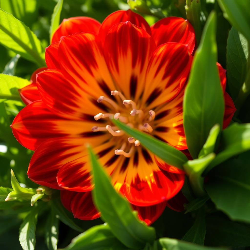 A striking close-up of a vibrant flower, showcasing its intricate petals and rich colors