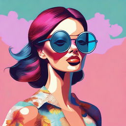 A digital art image of a fashionable woman, striking a pose with a pair of oversized round sunglasses