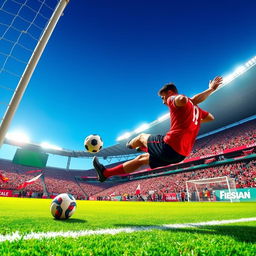 A dynamic scene of a soccer player in mid-action, skillfully scoring a goal