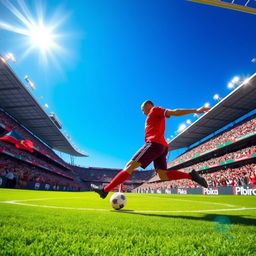 A dynamic scene of a soccer player in mid-action, skillfully scoring a goal