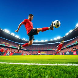 A dynamic scene of a soccer player in mid-action, skillfully scoring a goal