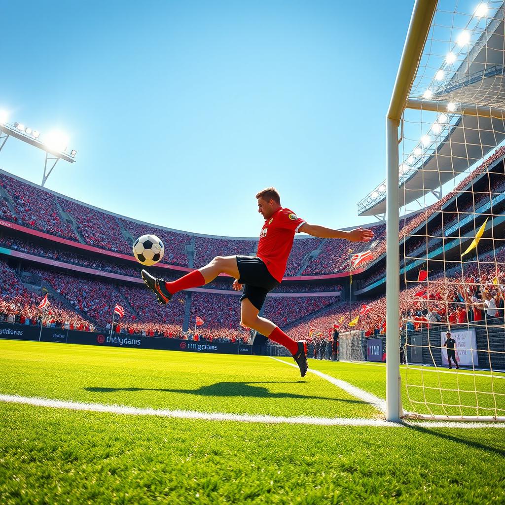 A dynamic scene of a soccer player in mid-action, skillfully scoring a goal