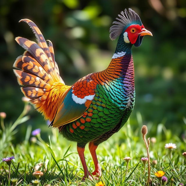 An American pheasant in a captivating pose, showcasing its vivid and unmatched plumage