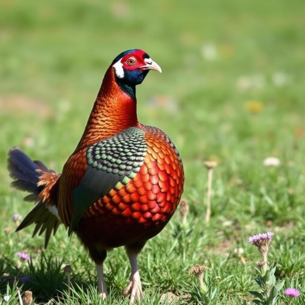 An American pheasant in a captivating pose, showcasing its vivid and unmatched plumage