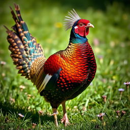 An American pheasant in a captivating pose, showcasing its vivid and unmatched plumage
