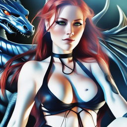 This digital art portrays a sensual and provocative dragon girl, her fiery red hair cascading down her back, mirroring the women in the reference images