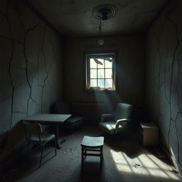A small, abandoned consulting room, with deep cracks running through the walls, conveying a sense of neglect and decay