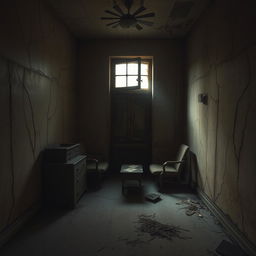 A small, abandoned consulting room, with deep cracks running through the walls, conveying a sense of neglect and decay