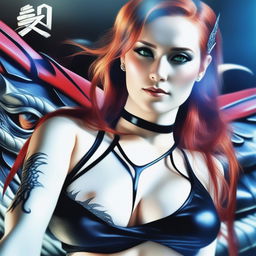 This digital art portrays a sensual and provocative dragon girl, her fiery red hair cascading down her back, mirroring the women in the reference images