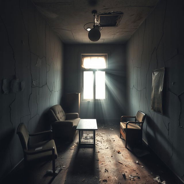 A small, abandoned consulting room, with deep cracks running through the walls, conveying a sense of neglect and decay