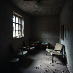 A small, abandoned consulting room, with deep cracks running through the walls, conveying a sense of neglect and decay