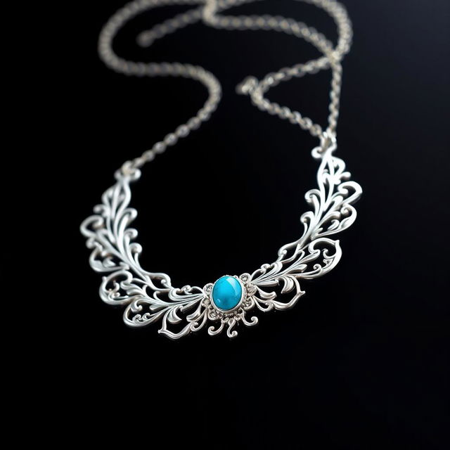 A stunning white gold necklace featuring an intricate design, adorned with a vibrant turquoise stone set in the center