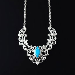 A stunning white gold necklace featuring an intricate design, adorned with a vibrant turquoise stone set in the center