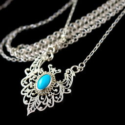 A stunning white gold necklace featuring an intricate design, adorned with a vibrant turquoise stone set in the center