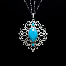 A stunning white gold necklace featuring an intricate design, adorned with a vibrant turquoise stone set in the center