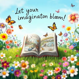 A vibrant digital artwork featuring a whimsical garden scene filled with colorful flowers, butterflies, and a clear blue sky