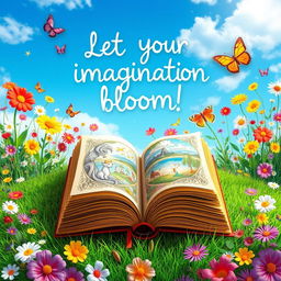 A vibrant digital artwork featuring a whimsical garden scene filled with colorful flowers, butterflies, and a clear blue sky