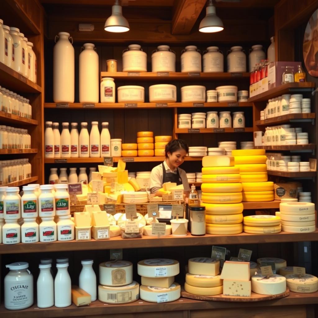 An inviting dairy and cheese shop featuring a wide array of fresh dairy products