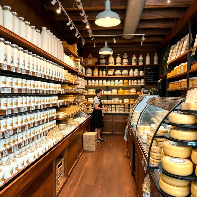 An inviting dairy and cheese shop featuring a wide array of fresh dairy products