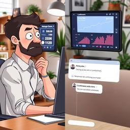 An image depicting a person sitting at a desk, looking at a computer or mobile phone screen with a worried and frustrated expression