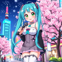 A vibrant, colorful anime scene featuring a beautiful girl with large breasts, inspired by Miku from the popular anime culture