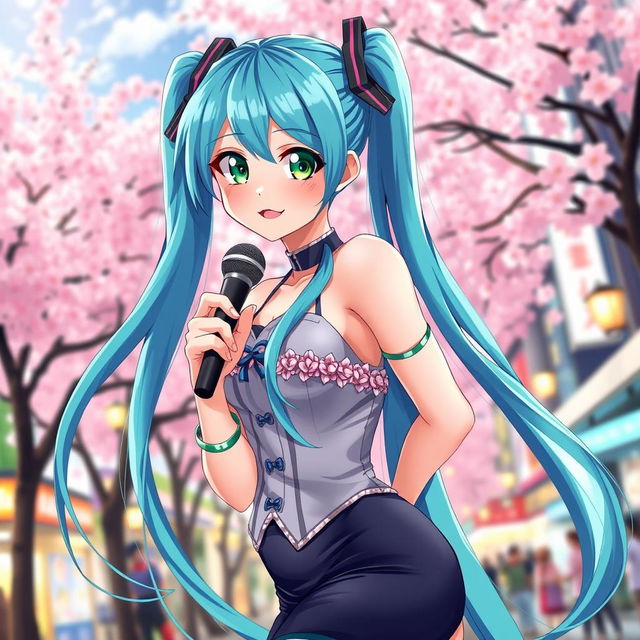 A vibrant, colorful anime scene featuring a beautiful girl with large breasts, inspired by Miku from the popular anime culture
