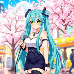 A vibrant, colorful anime scene featuring a beautiful girl with large breasts, inspired by Miku from the popular anime culture