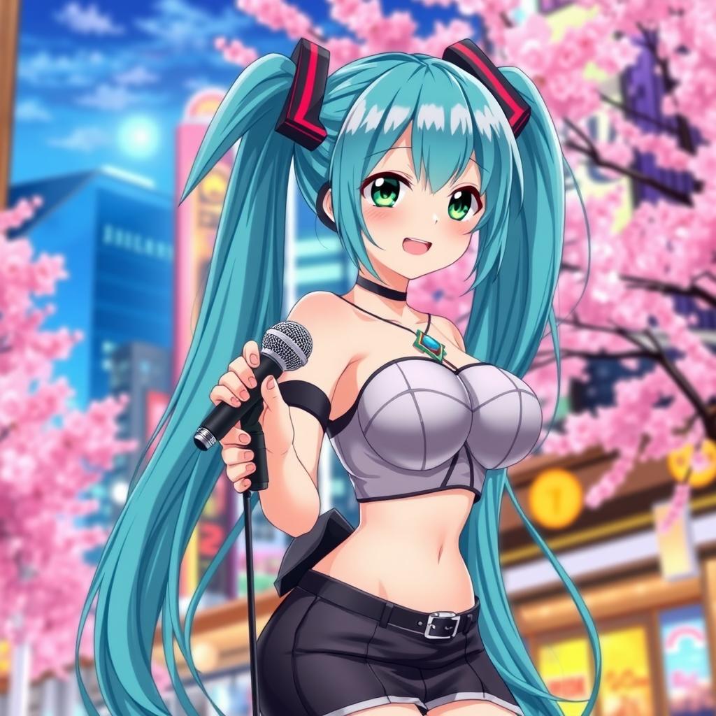 A vibrant, colorful anime scene featuring a beautiful girl with large breasts, inspired by Miku from the popular anime culture