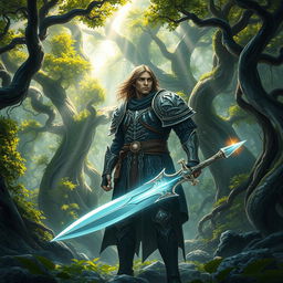A mystical scene depicting a heroic fantasy theme titled 'Whispers of the Wind: The Lost Blade'