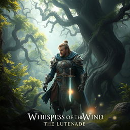 A mystical scene depicting a heroic fantasy theme titled 'Whispers of the Wind: The Lost Blade'