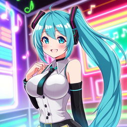 An anime-style illustration of a character inspired by Miku, featuring very large breasts