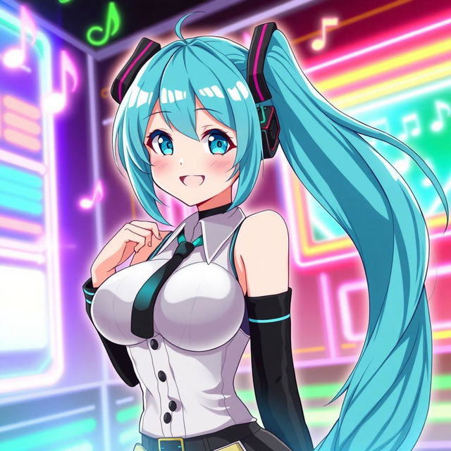 An anime-style illustration of a character inspired by Miku, featuring very large breasts