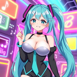 An anime-style illustration of a character inspired by Miku, featuring very large breasts
