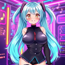 An anime-style illustration of a character inspired by Miku, featuring very large breasts