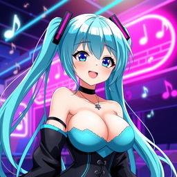 An anime-style illustration of a character inspired by Miku, featuring very large breasts
