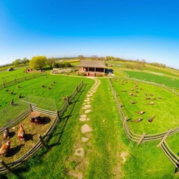 A stunning panoramic view of a unique pheasant breeding farm, showcasing a vast expanse of vibrant green fields and diverse habitats
