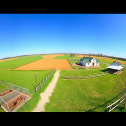 A stunning panoramic view of a unique pheasant breeding farm, showcasing a vast expanse of vibrant green fields and diverse habitats
