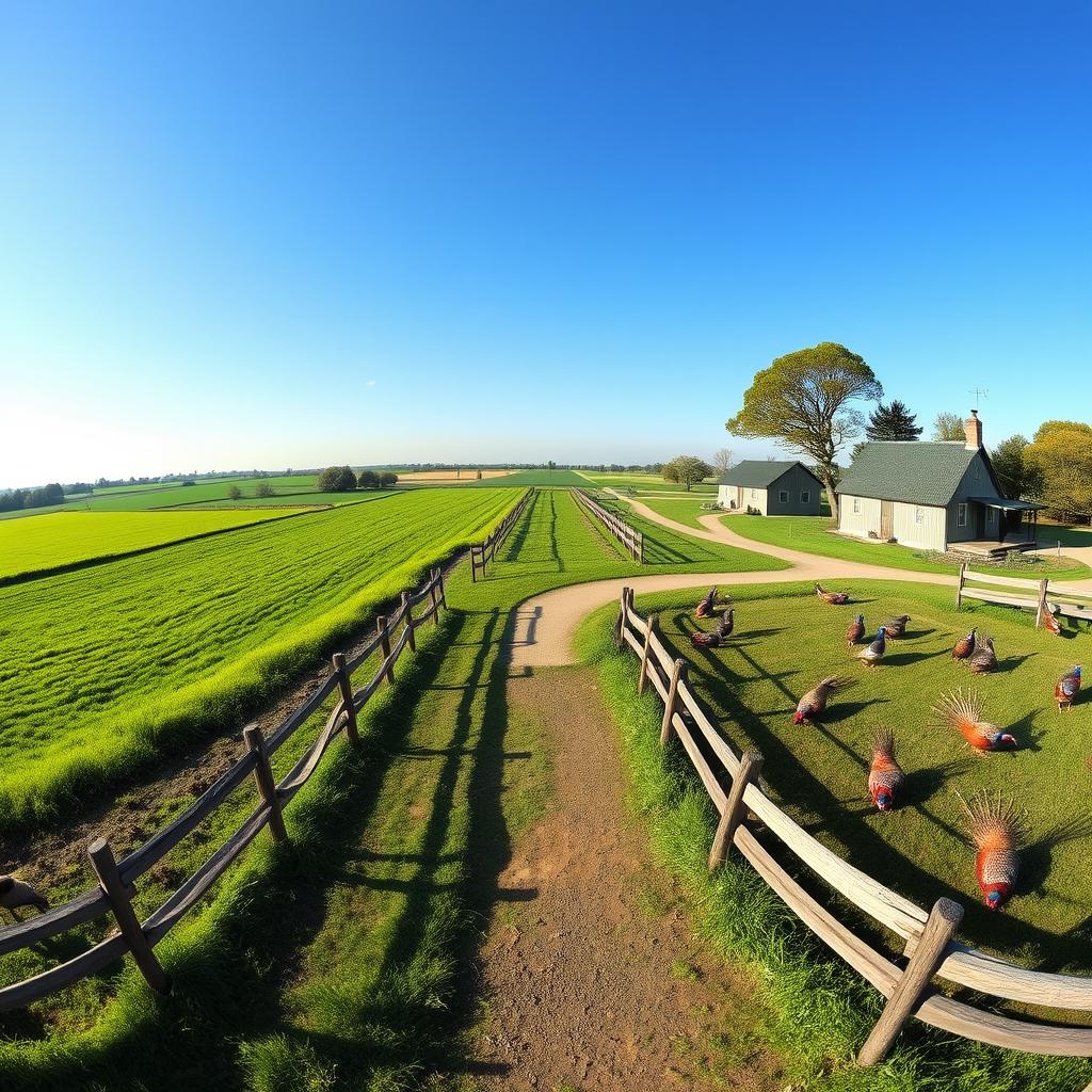 A stunning panoramic view of a unique pheasant breeding farm, showcasing a vast expanse of vibrant green fields and diverse habitats