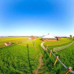 A stunning panoramic view of a unique pheasant breeding farm, showcasing a vast expanse of vibrant green fields and diverse habitats