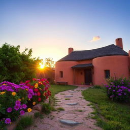 A picturesque scene of a traditional clay and adobe house, showcasing its rustic charm