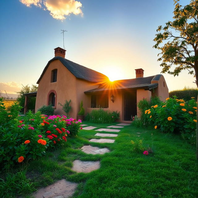 A picturesque scene of a traditional clay and adobe house, showcasing its rustic charm