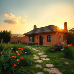 A picturesque scene of a traditional clay and adobe house, showcasing its rustic charm