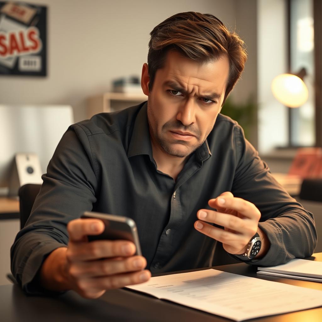 A person sitting at a desk, looking intently at their smartphone with an expression of concern and frustration