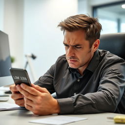 A person sitting at a desk, looking intently at their smartphone with an expression of concern and frustration